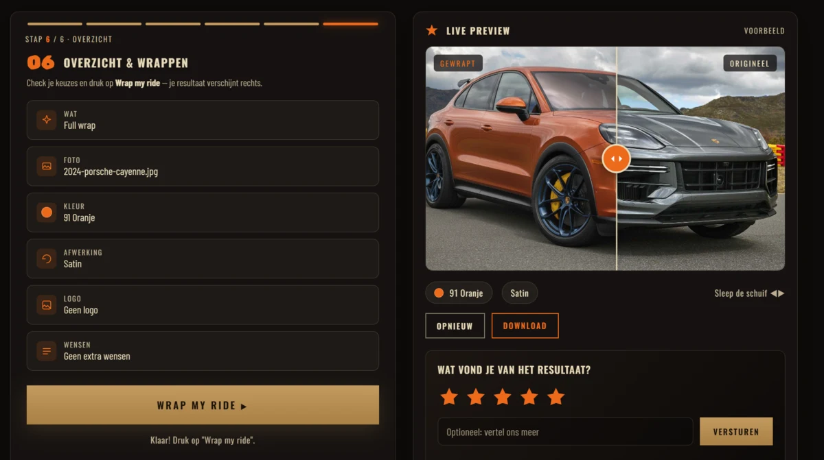 AI Wrap Studio — echte run: Porsche Cayenne gewrapt in 91-oranje satin, met before/after preview